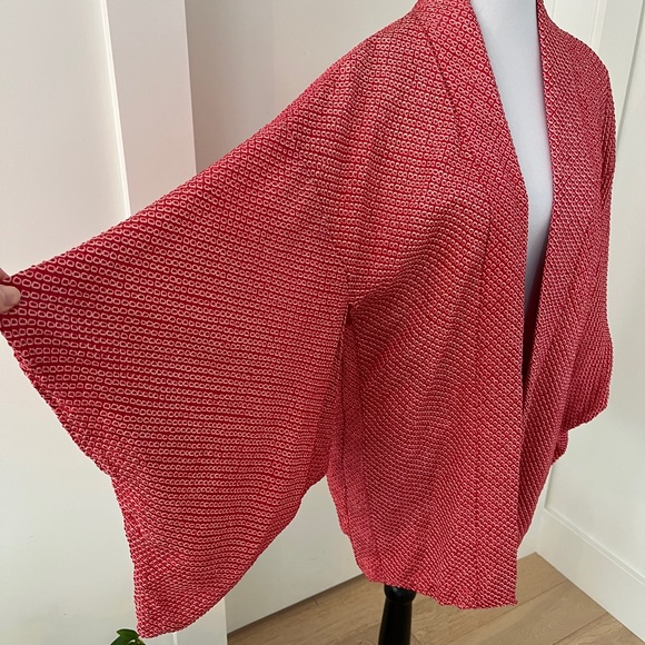 HAORI Kimono Sleeve Japanese Jacket Red Textured Fabric Jacquard Floral Lining - Picture 8 of 16